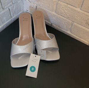 A New Day Silver "Lindie" Square Toe Block Heel Sandals Size: 8